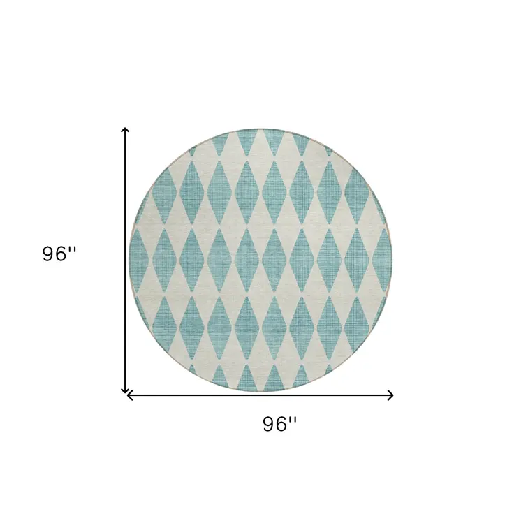 8' Teal Blue And Ivory Round Geometric Washable Indoor Outdoor Area Rug