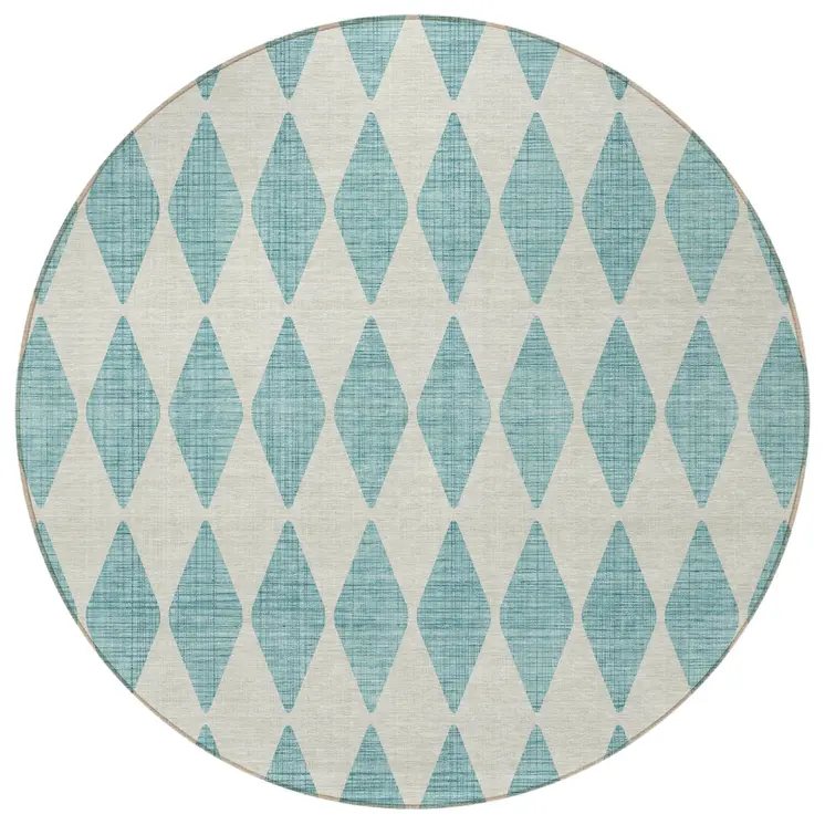 8' Teal Blue And Ivory Round Geometric Washable Indoor Outdoor Area Rug