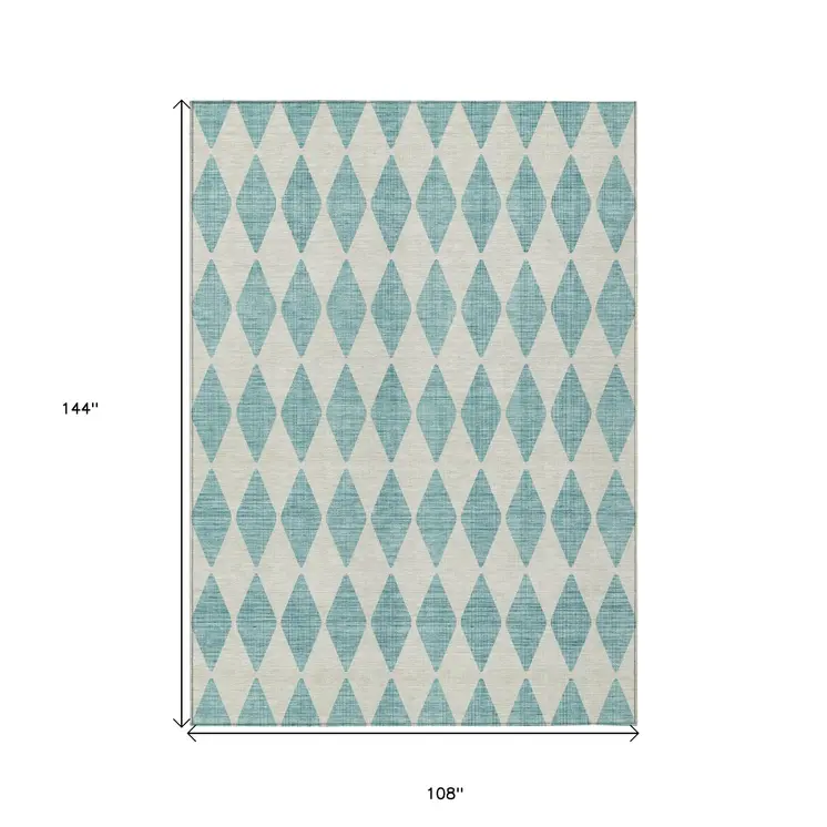 9' X 12' Teal Blue And Ivory Geometric Washable Indoor Outdoor Area Rug