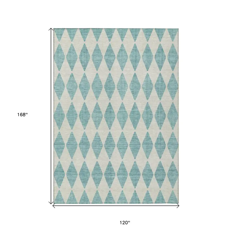 10' X 14' Teal Blue And Ivory Geometric Washable Indoor Outdoor Area Rug