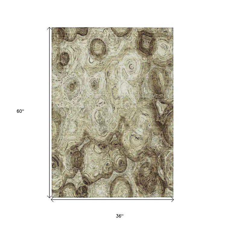 3' X 5' Beige Taupe And Brown Abstract Washable Indoor Outdoor Area Rug