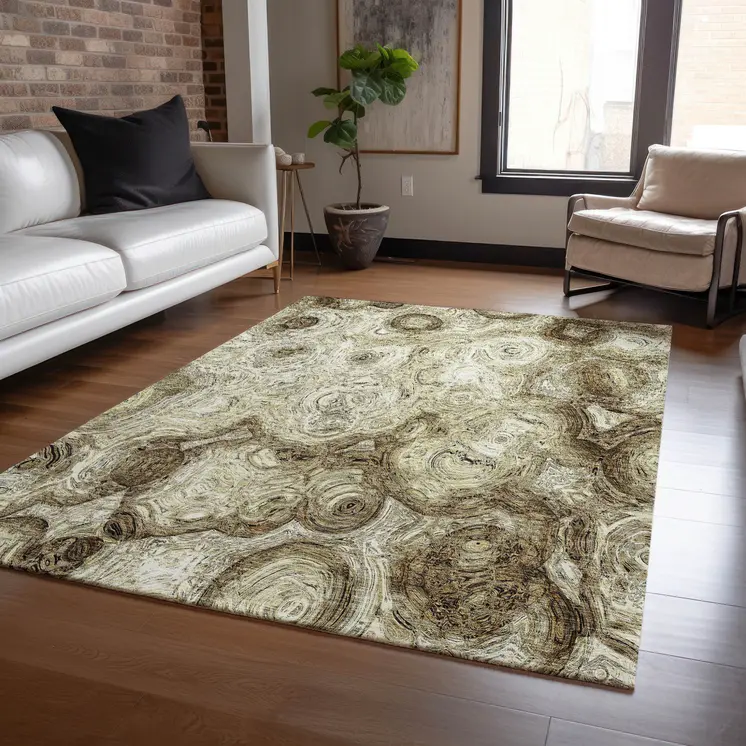 3' X 5' Beige Taupe And Brown Abstract Washable Indoor Outdoor Area Rug