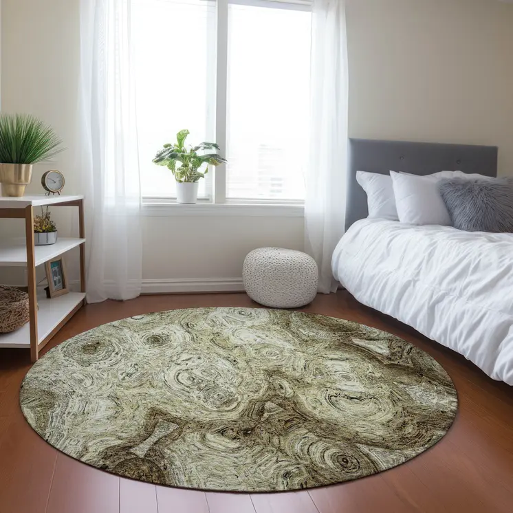 8' Beige Taupe And Brown Round Abstract Washable Indoor Outdoor Area Rug