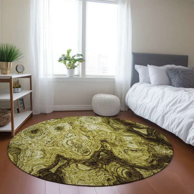 8' Gold Wheat And Chocolate Round Abstract Washable Indoor Outdoor Area Rug
