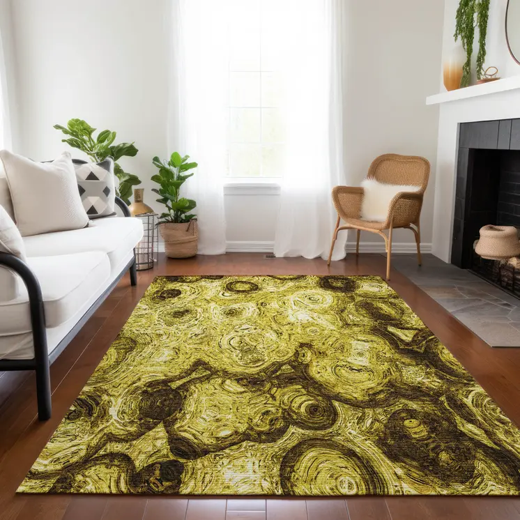 9' X 12' Gold Wheat And Chocolate Abstract Washable Indoor Outdoor Area Rug