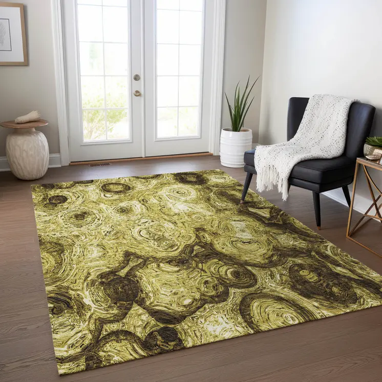 10' X 14' Gold Wheat And Chocolate Abstract Washable Indoor Outdoor Area Rug