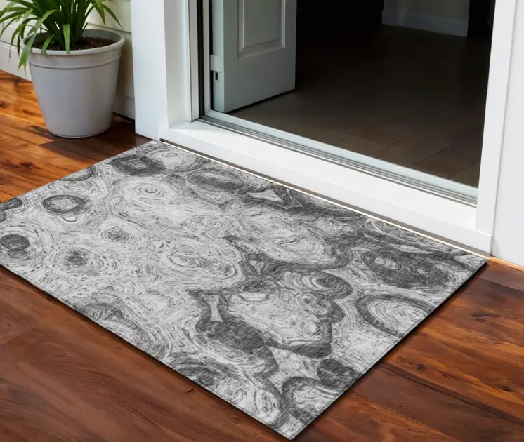 3' X 5' Gray Silver And Charcoal Abstract Washable Indoor Outdoor Area Rug