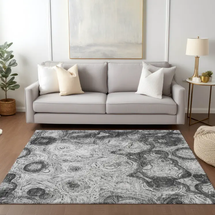 5' X 8' Gray Silver And Charcoal Abstract Washable Indoor Outdoor Area Rug