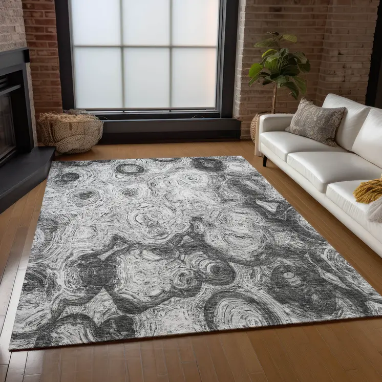 5' X 8' Gray Silver And Charcoal Abstract Washable Indoor Outdoor Area Rug