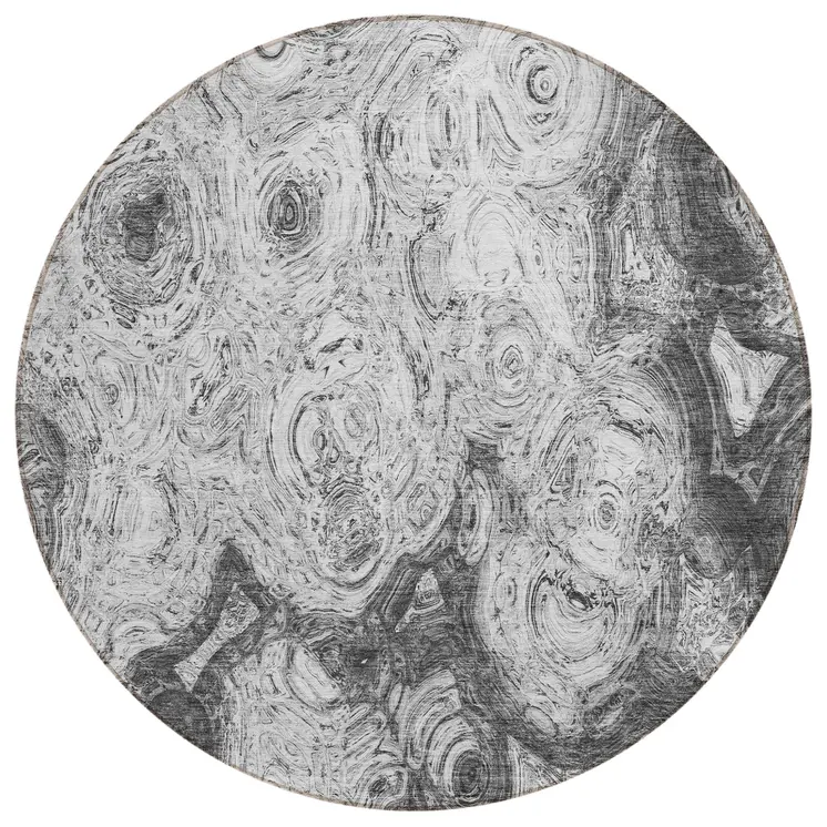 8' Gray Silver And Charcoal Round Abstract Washable Indoor Outdoor Area Rug