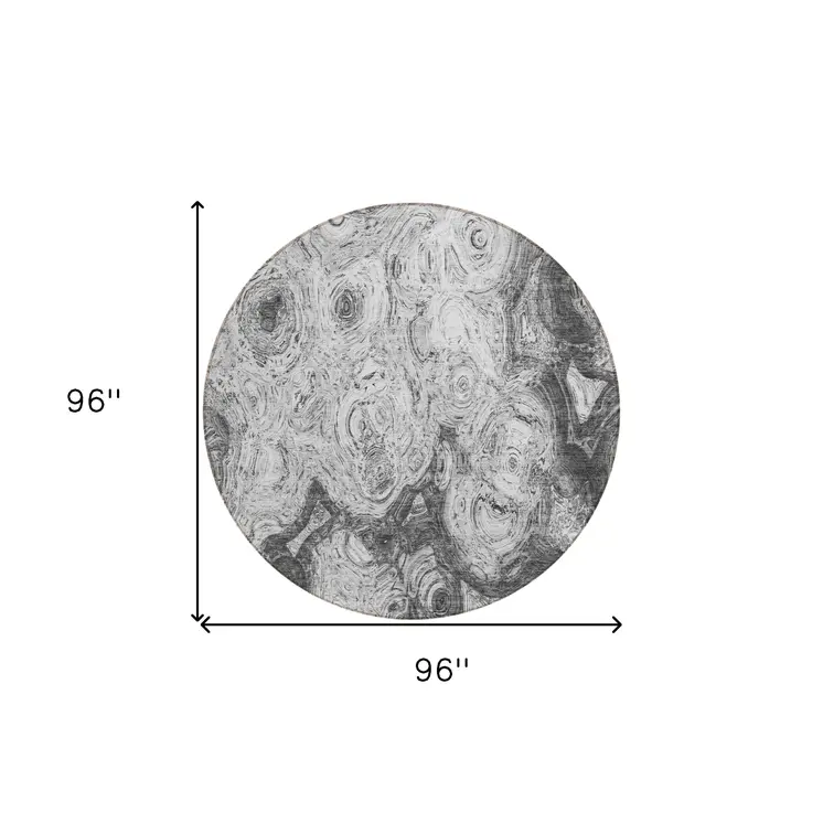 8' Gray Silver And Charcoal Round Abstract Washable Indoor Outdoor Area Rug