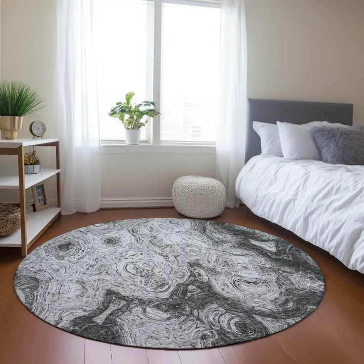 8' Gray Silver And Charcoal Round Abstract Washable Indoor Outdoor Area Rug