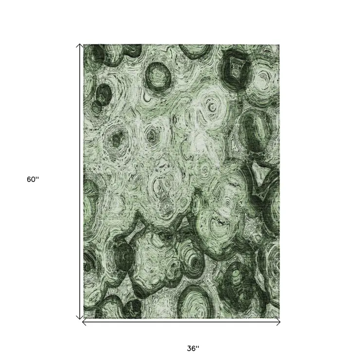 3' X 5' Artichoke Green And Emerald Abstract Washable Indoor Outdoor Area Rug