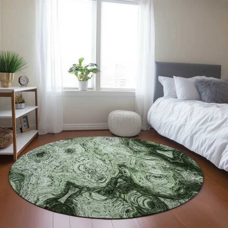 8' Artichoke Green And Emerald Round Abstract Washable Indoor Outdoor Area Rug