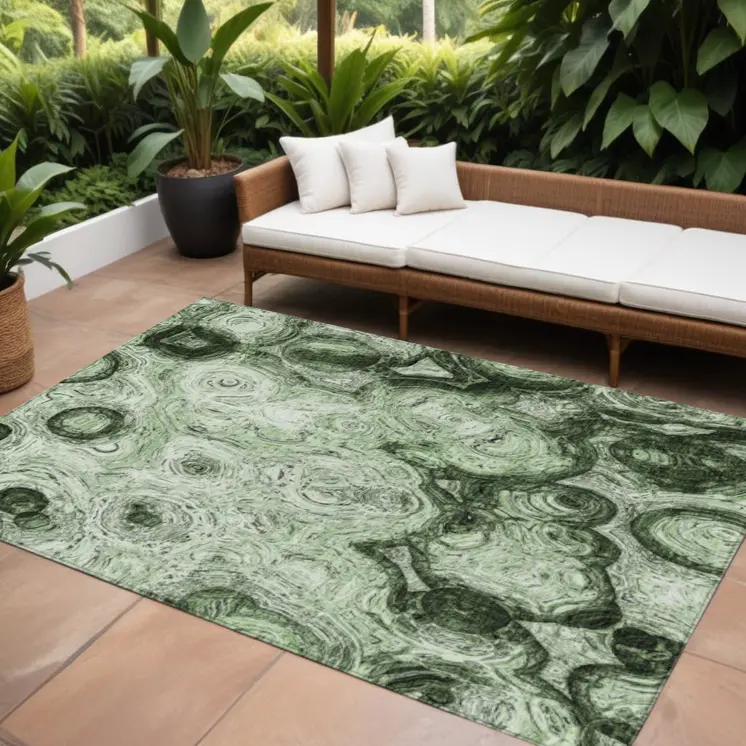 8' X 10' Artichoke Green And Emerald Abstract Washable Indoor Outdoor Area Rug