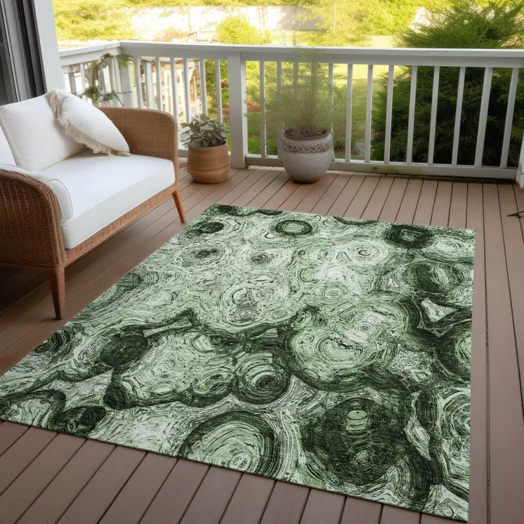 8' X 10' Artichoke Green And Emerald Abstract Washable Indoor Outdoor Area Rug