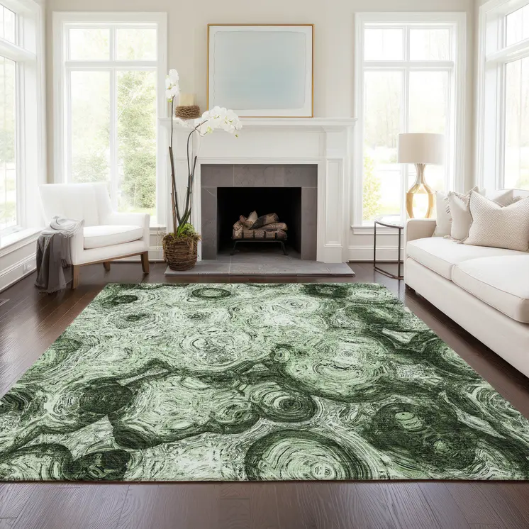 8' X 10' Artichoke Green And Emerald Abstract Washable Indoor Outdoor Area Rug