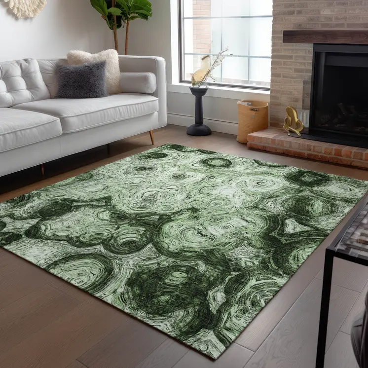 9' X 12' Artichoke Green And Emerald Abstract Washable Indoor Outdoor Area Rug
