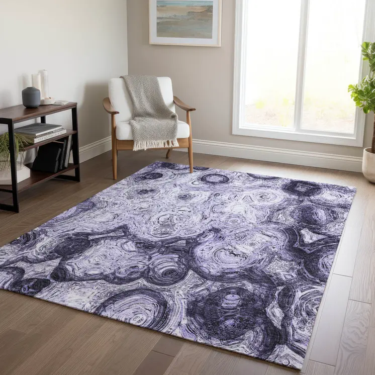 5' X 8' Purple And Lavender Abstract Washable Indoor Outdoor Area Rug
