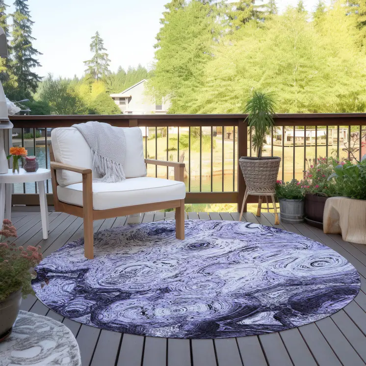 8' Purple And Lavender Round Abstract Washable Indoor Outdoor Area Rug