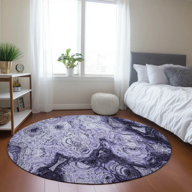 8' Purple And Lavender Round Abstract Washable Indoor Outdoor Area Rug