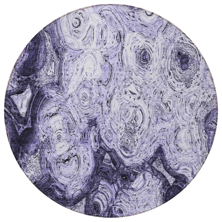 8' Purple And Lavender Round Abstract Washable Indoor Outdoor Area Rug