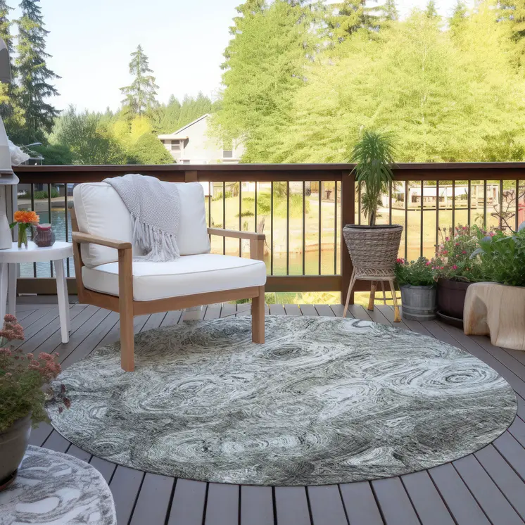 8' Silver Taupe And Ivory Round Abstract Washable Indoor Outdoor Area Rug