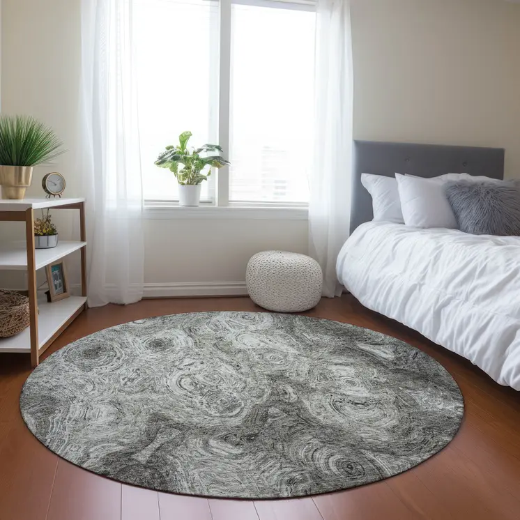 8' Silver Taupe And Ivory Round Abstract Washable Indoor Outdoor Area Rug
