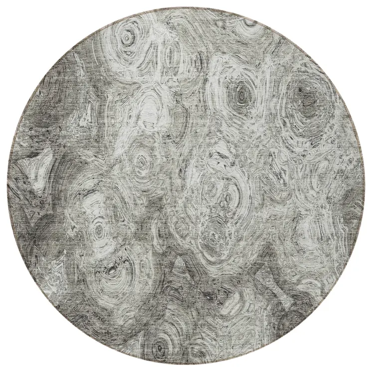 8' Silver Taupe And Ivory Round Abstract Washable Indoor Outdoor Area Rug