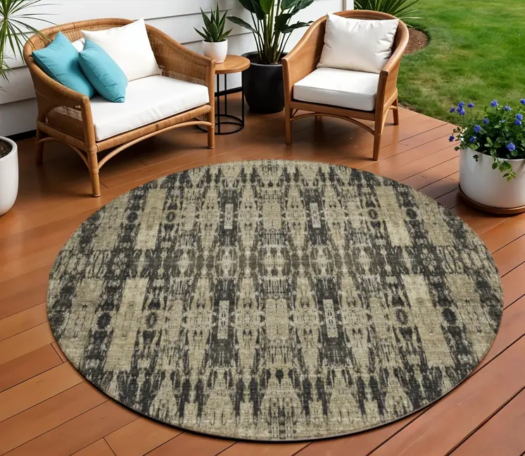 8' Black Taupe And Beige Round Moroccan Washable Indoor Outdoor Area Rug