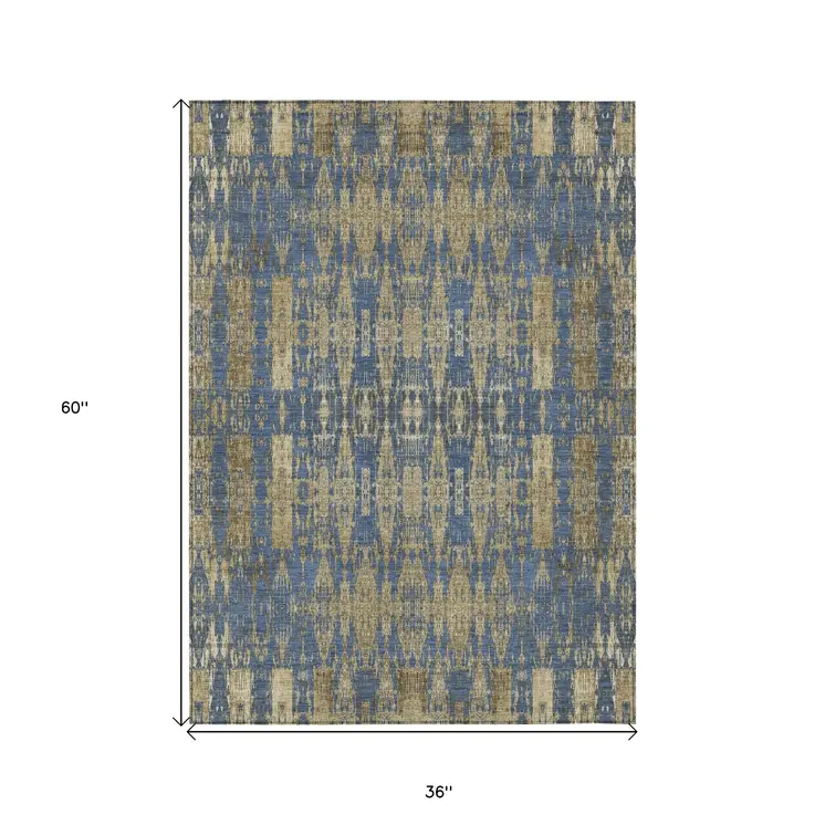 3' X 5' Blue Taupe And Beige Moroccan Washable Indoor Outdoor Area Rug