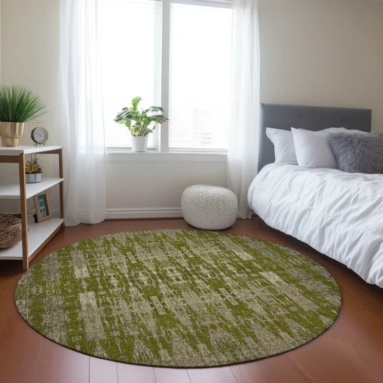 8' Olive Green Taupe And Beige Round Moroccan Washable Indoor Outdoor Area Rug
