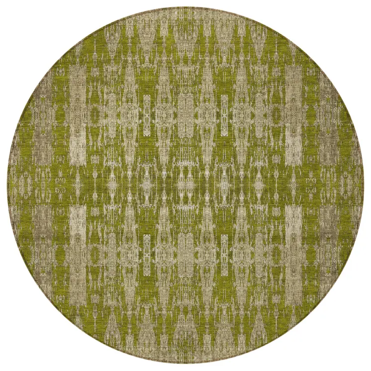 8' Olive Green Taupe And Beige Round Moroccan Washable Indoor Outdoor Area Rug