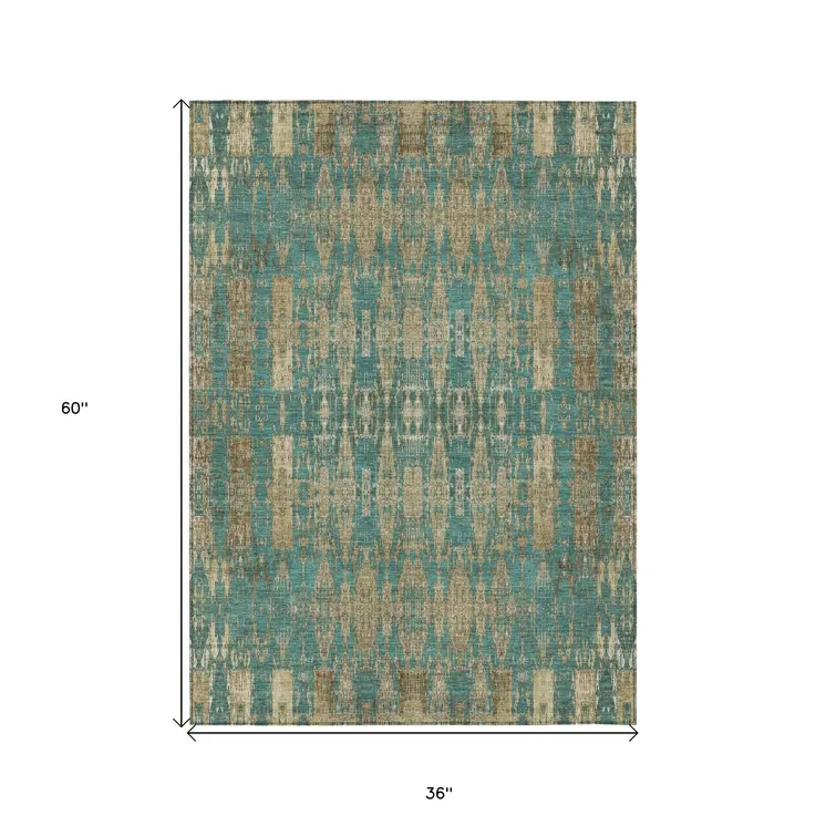 3' X 5' Teal Blue Taupe And Beige Moroccan Washable Indoor Outdoor Area Rug