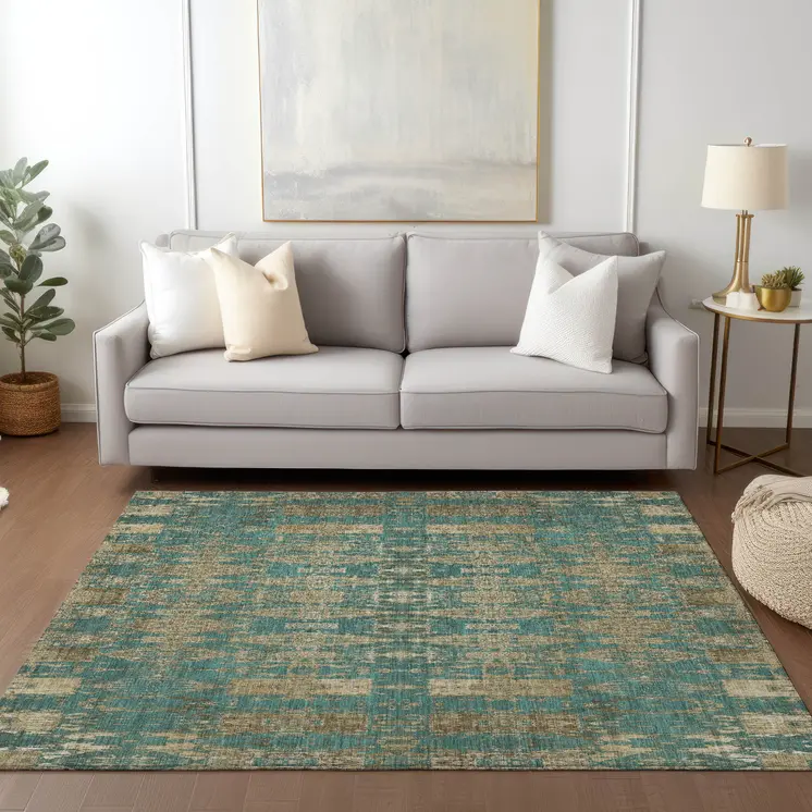 3' X 5' Teal Blue Taupe And Beige Moroccan Washable Indoor Outdoor Area Rug