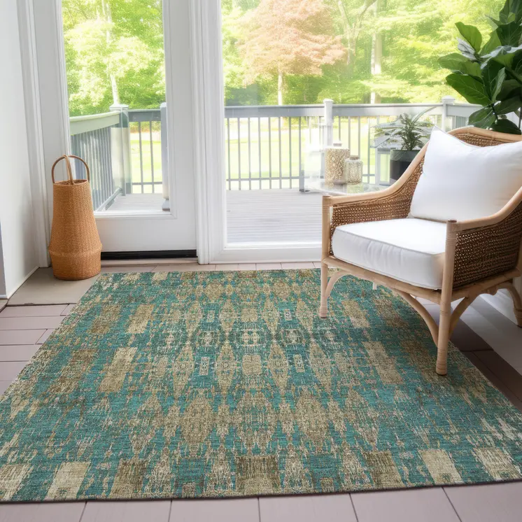 3' X 5' Teal Blue Taupe And Beige Moroccan Washable Indoor Outdoor Area Rug