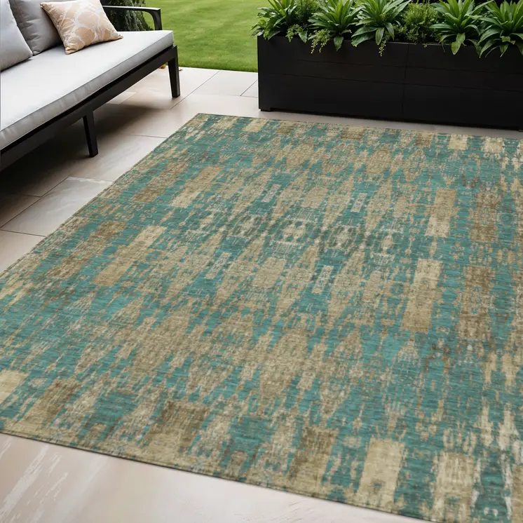 5' X 8' Teal Blue Taupe And Beige Moroccan Washable Indoor Outdoor Area Rug