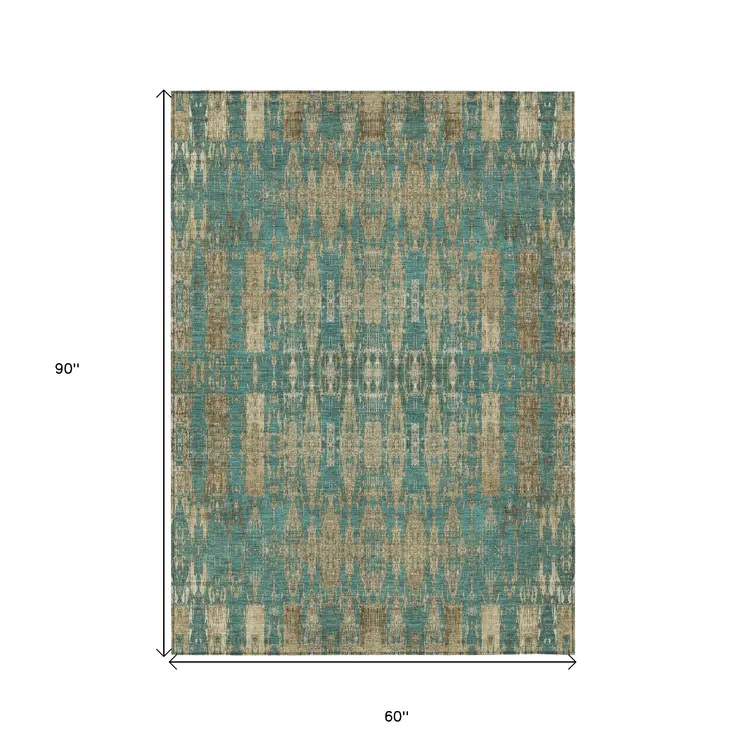 5' X 8' Teal Blue Taupe And Beige Moroccan Washable Indoor Outdoor Area Rug