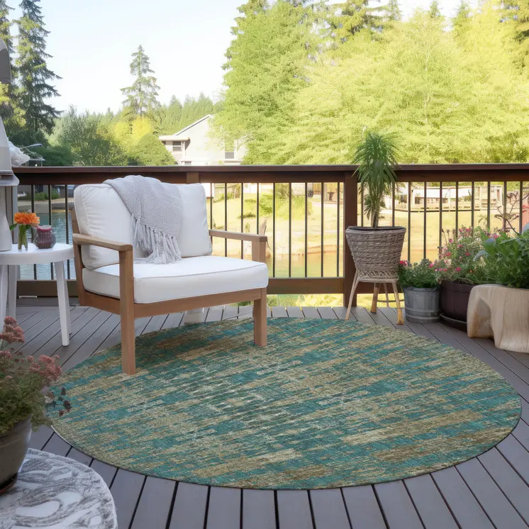 8' Teal Blue Taupe And Beige Round Moroccan Washable Indoor Outdoor Area Rug