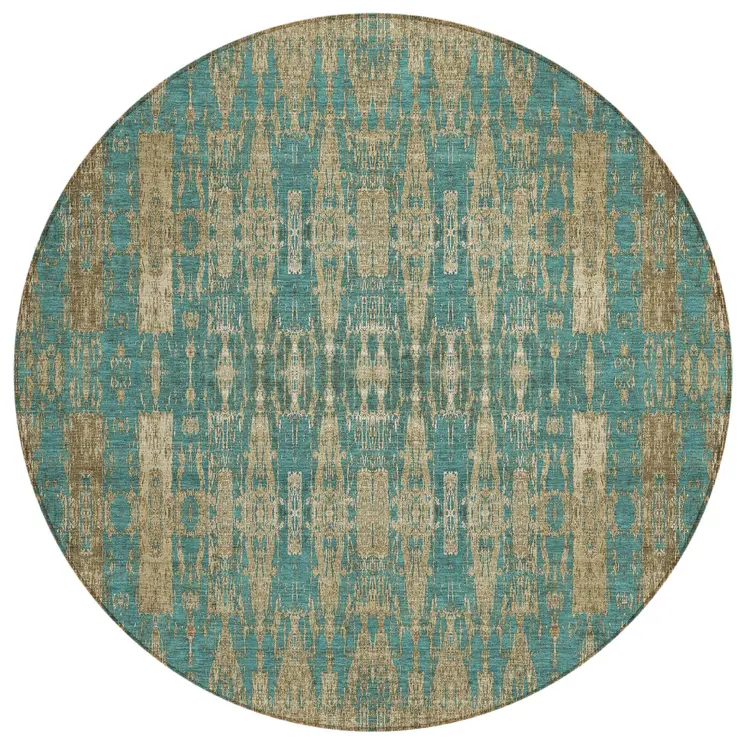 8' Teal Blue Taupe And Beige Round Moroccan Washable Indoor Outdoor Area Rug