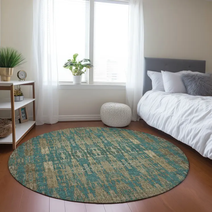 8' Teal Blue Taupe And Beige Round Moroccan Washable Indoor Outdoor Area Rug