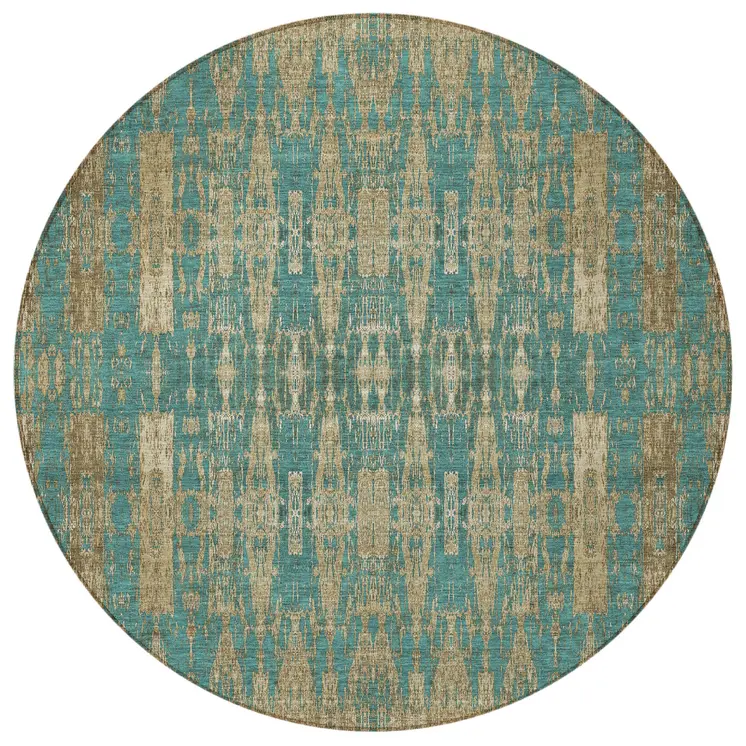 8' Teal Blue Taupe And Beige Round Moroccan Washable Indoor Outdoor Area Rug