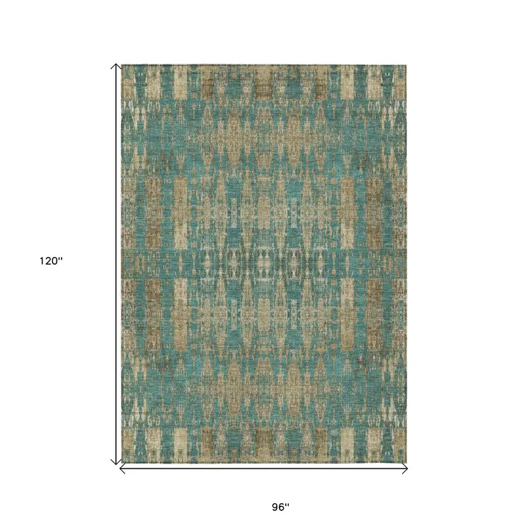 8' X 10' Teal Blue Taupe And Beige Moroccan Washable Indoor Outdoor Area Rug