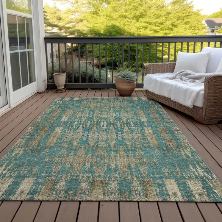 9' X 12' Teal Blue Taupe And Beige Moroccan Washable Indoor Outdoor Area Rug