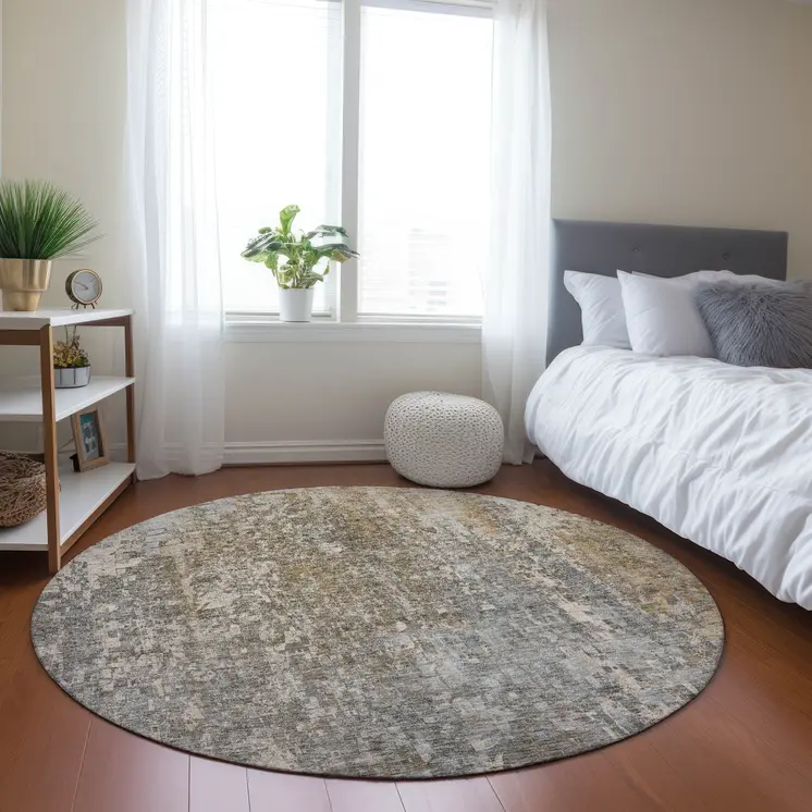 8' Beige Gray And Taupe Round Abstract Washable Indoor Outdoor Area Rug