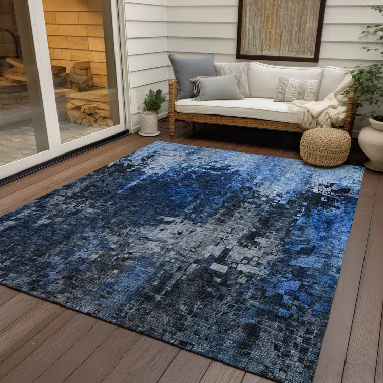 3' X 5' Navy Blue And Denim Blue Abstract Washable Indoor Outdoor Area Rug