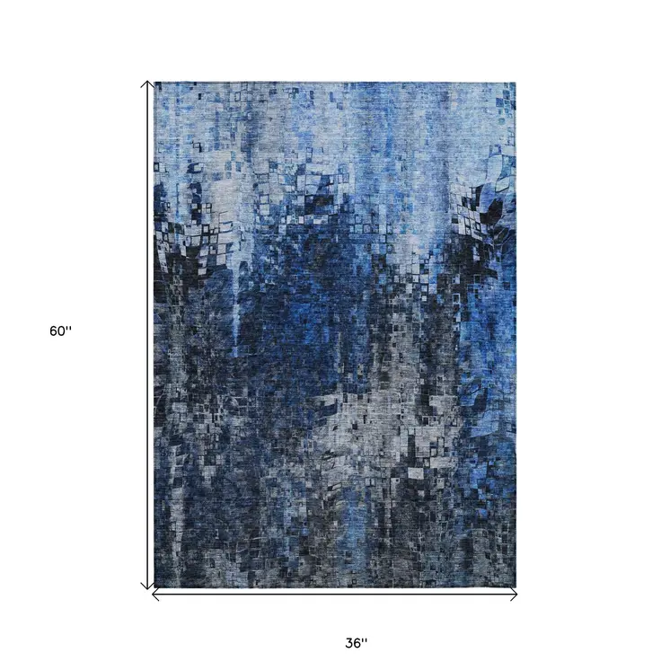 3' X 5' Navy Blue And Denim Blue Abstract Washable Indoor Outdoor Area Rug