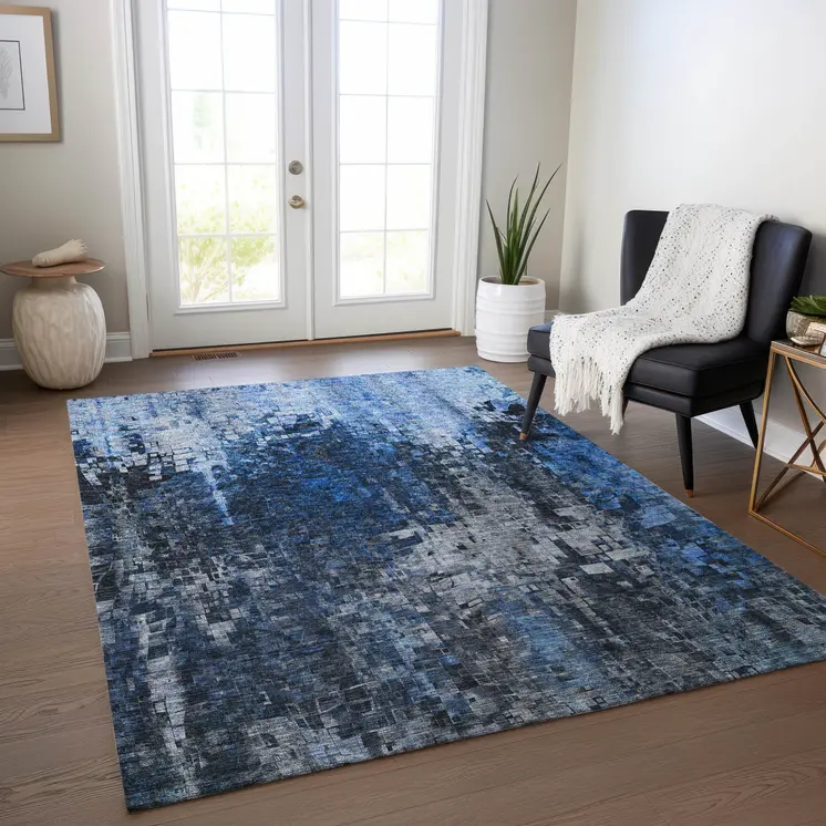 3' X 5' Navy Blue And Denim Blue Abstract Washable Indoor Outdoor Area Rug
