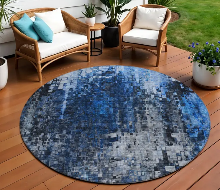 8' Navy Blue And Denim Blue Round Abstract Washable Indoor Outdoor Area Rug