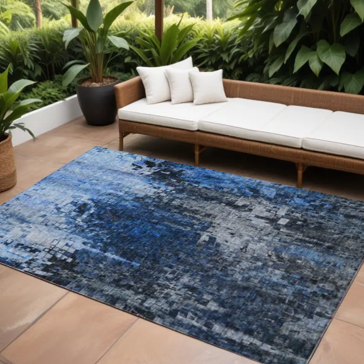 8' X 10' Navy Blue And Denim Blue Abstract Washable Indoor Outdoor Area Rug